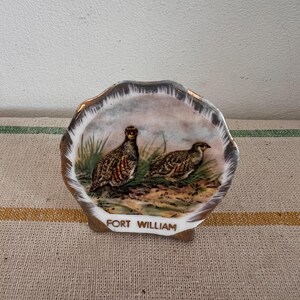 Pode incluir: Um prato de porcelana branca com borda dourada e uma cena de dois pássaros marrons e brancos em um campo gramado. O prato tem as palavras "FORT WILLIAM" escritas em ouro na parte inferior.