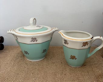 A French vintage semi-porcelain Orchies Moulin des Loups  Nord  creamer and lidded sugar bowl - Emeraude pattern