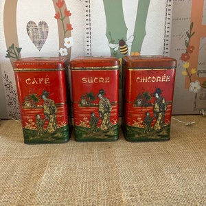 Französisches Vintage 1950er Jahre Set mit 3 holländischen orientalischen Dekor Behältern für Kaffee, Zucker und Chicorée