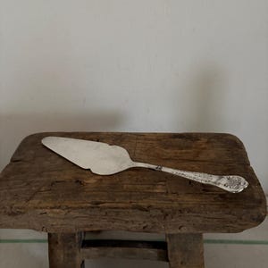 Op de afbeelding: Een zilveren taartschep met een decoratief handvat rust op een kleine, rustieke houten kruk. De schep heeft een geschulpte rand en sierlijke details. De kruk is gemaakt van verweerd hout, wat een vintage esthetiek toevoegt. De schep is ongeveer 25 cm lang.