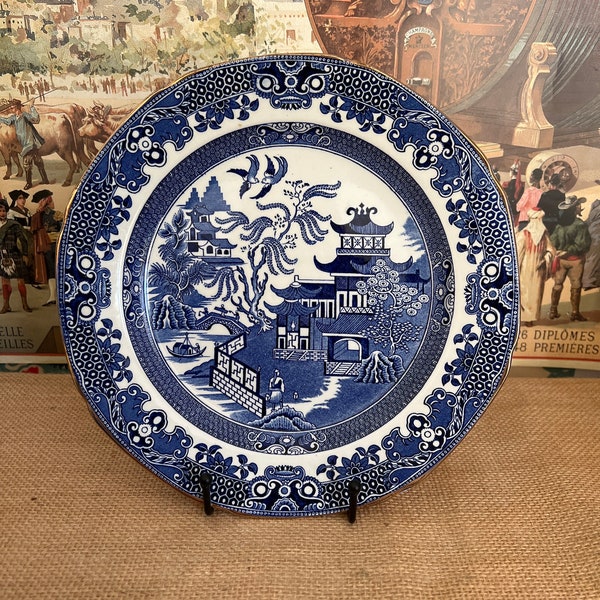 Vintage Blue Willow Burleigh Ware assiette à dessert avec rebord doré usé - France