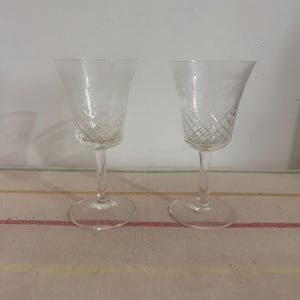 Beautiful pair of matching  antique Victorian  etched patterned  sherry, port or liqueur  crystal glasses