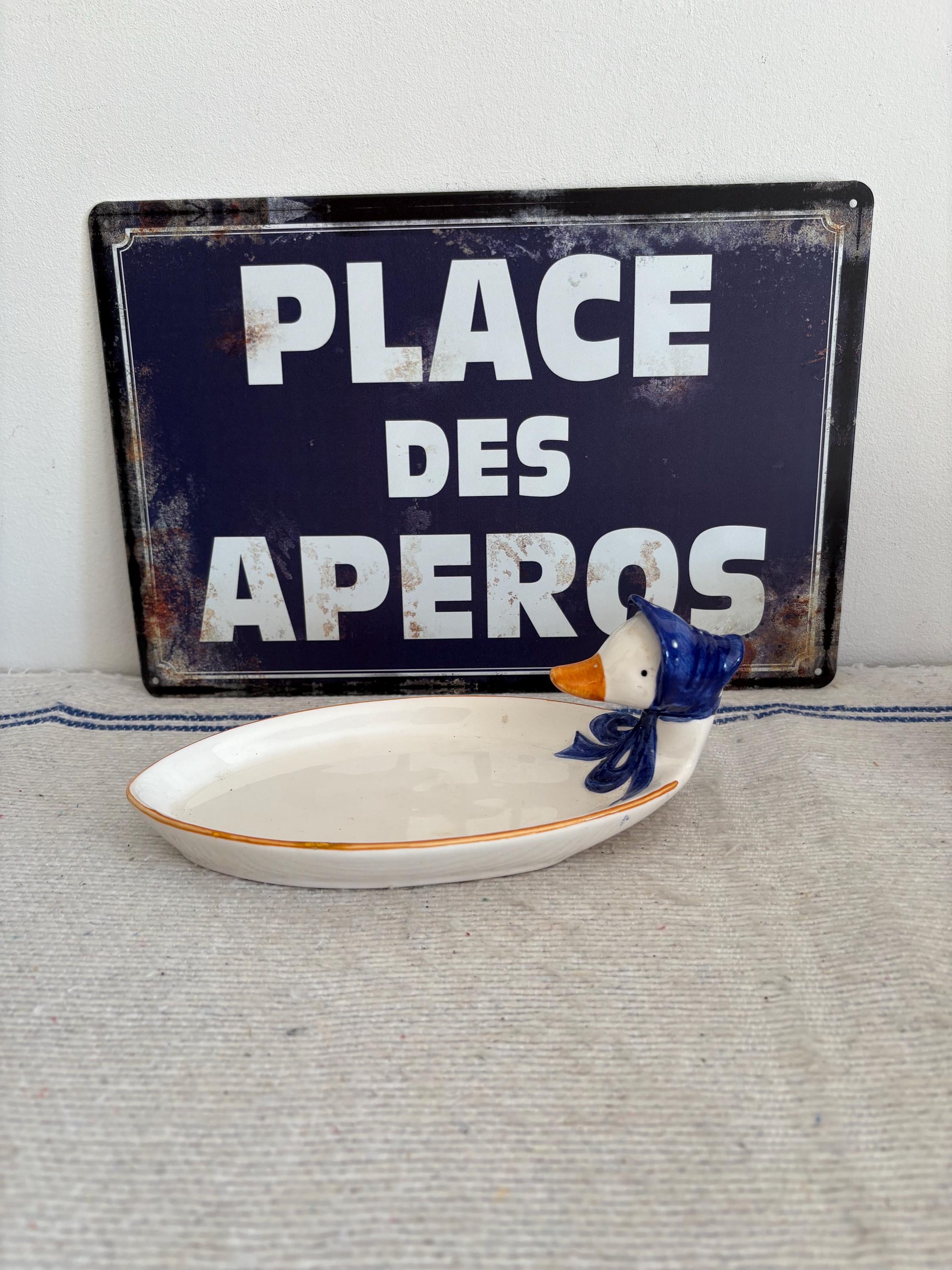 フランスのヴィンテージのアヒルのデザインの白い陶器と青い石鹸皿 