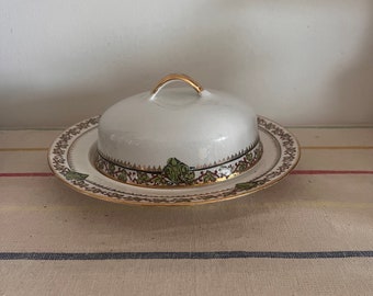 Eine exquisite Vintage Deckeldose aus Porzellan in grün, braun und gold von Pope Gosser - Made in USA