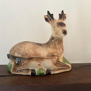 An amazing French vintage Michel Caugant  Stag design  10&quot; width lidded porcelain terrine  dish