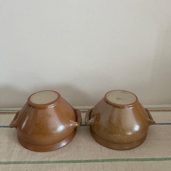 A vintage  rustic pair of French  Gres du Bonny oven proof earthenware caramel honey coloured bowls, dishes, soup bowls