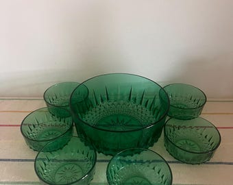 A beautiful Vintage French Arcoroc Luminarc emerald green cut glass serving bowl with six matching dishes