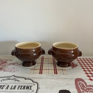 Set of two Rustic glazed brown French onion soup bowls with with animal face handles