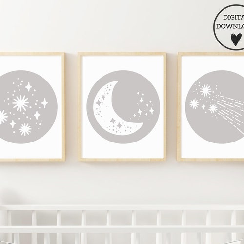 Grey Moon and Stars Nursery Wall Art Set of 3 Baby Room Etsy