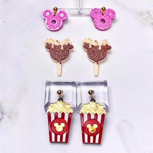 Disney Snacks Earrings, Mickey Popcorn, Pink Mickey Donut, Mickey Chocolate Bar