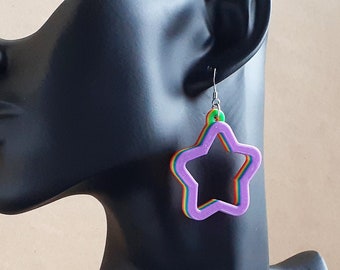 Rainbow Star Dangle Earrings, 3D Printed, Lightweight Statement Earrings, Cute Unique Jewelry, LGBTQ+ Pride