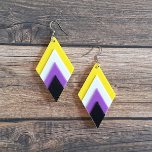 Puede incluir: Un par de pendientes de forma de diamante amarillo, blanco, morado y negro. Los pendientes están hechos de plástico en capas y tienen un gancho plateado.