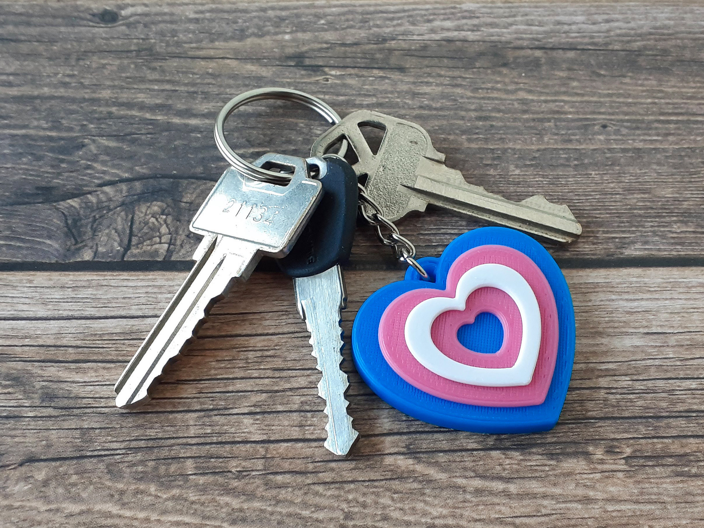 Trans Pride Heart Keychain, 3D Print, Blue, Pink, White