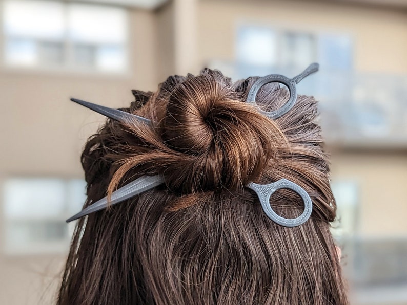 Hair Stylist Scissor Hair Pins, Set of 2, Personalized Gift, Thick or Thin Hair Bun Sticks, Fashion Statement, Gift for hairstylist bild 1