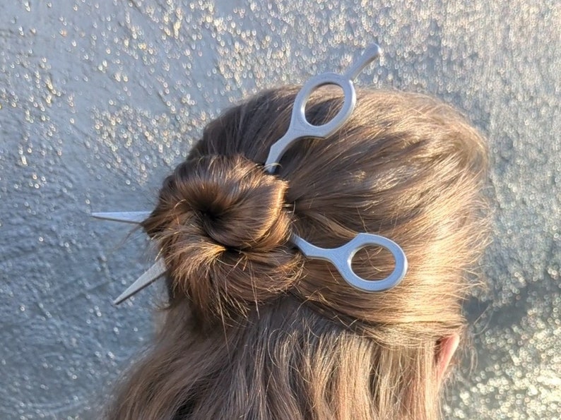 Hair Stylist Scissor Hair Pins, Set of 2, Personalized Gift, Thick or Thin Hair Bun Sticks, Fashion Statement, Gift for hairstylist bild 3