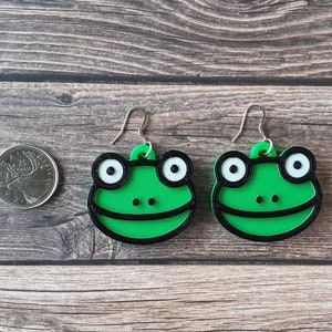 Frog Statement Earrings - Lightweight Dangle Drop Earrings - 3D Printed - Unique, Cute Jewelry