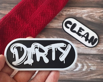 May include: Two oval-shaped magnetic signs, one black with white text that says "DIRTY" and one white with black text that says "CLEAN".