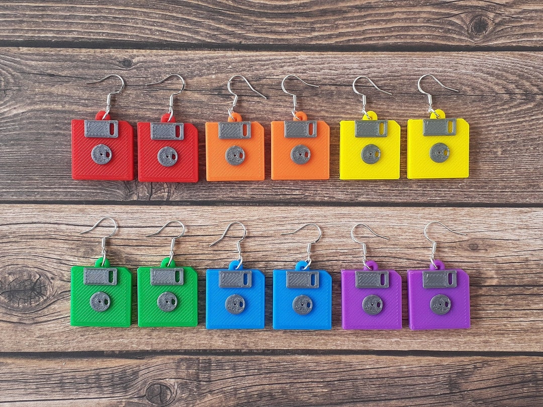 Retro Floppy Disk Earrings, 3D Printed Diskette, Lightweight Dangle