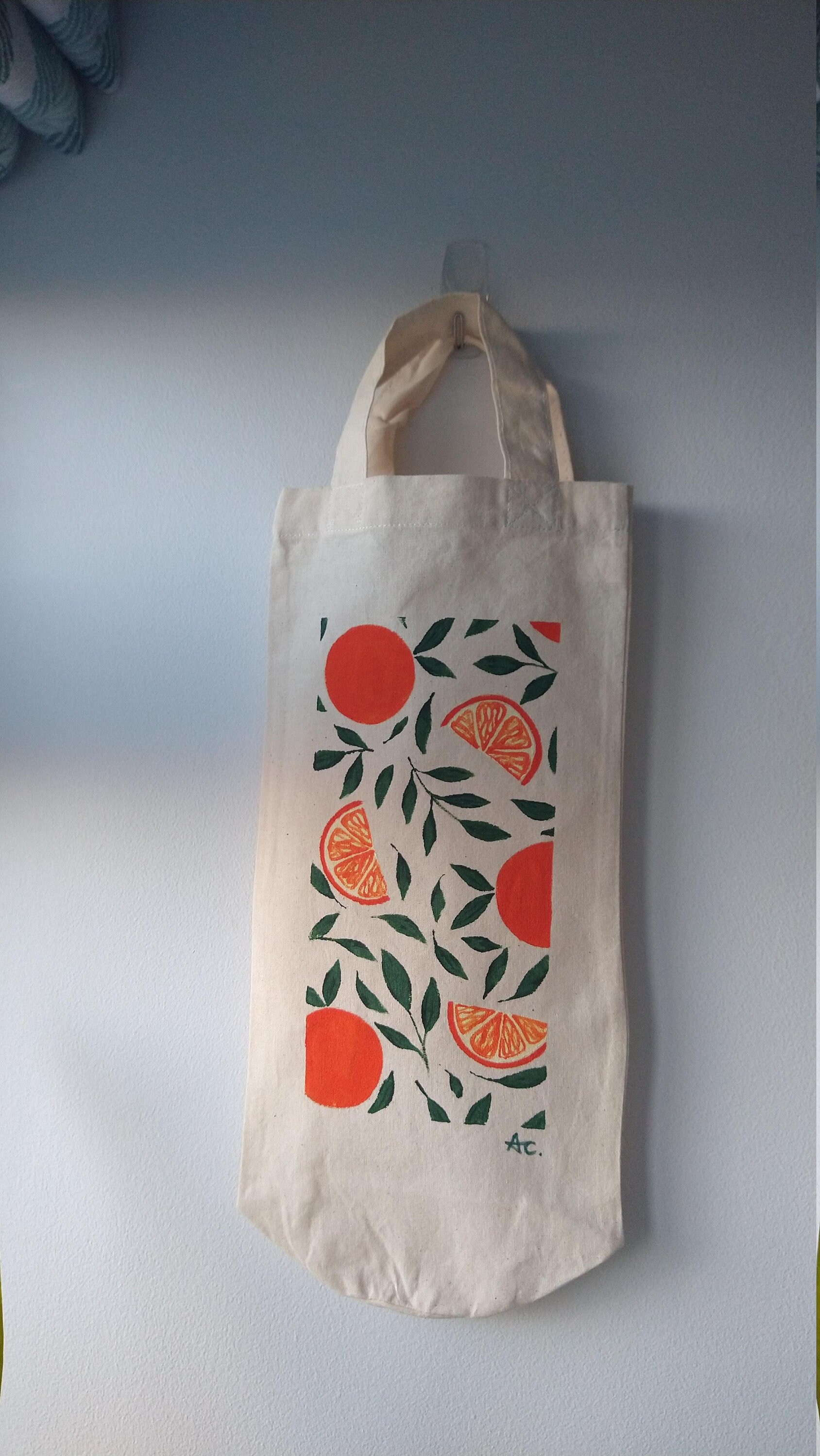 Hand Painted Canvas Bottle Bag with Orange Botanical Design | Etsy