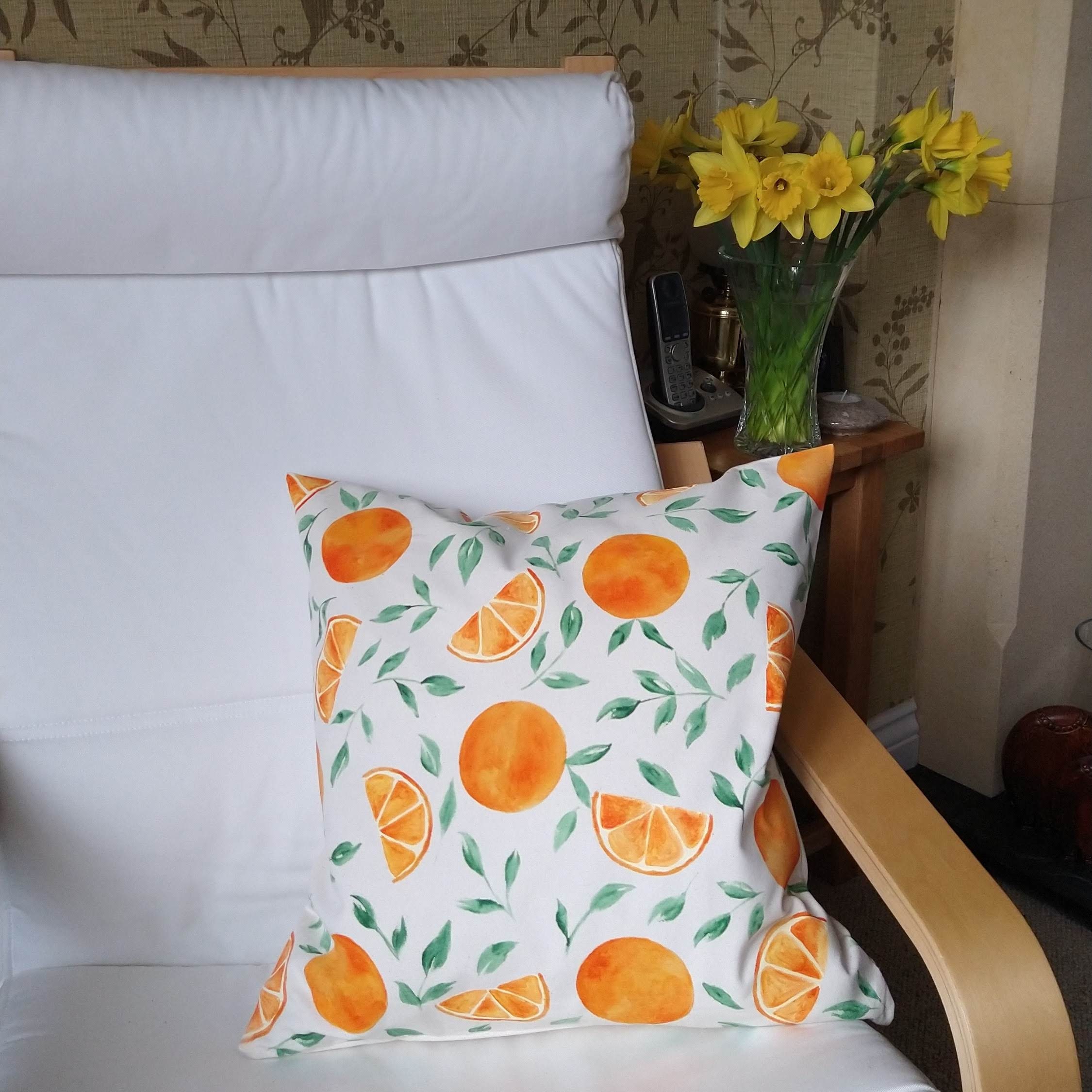Hand Painted Cushion Cover with Orange Botanical Design Etsy