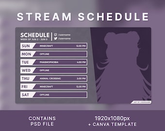 PURPLE | Twitch Schedule Template | VTuber Graphics | Streamer Graphics | Canva Template | ESPANOL | 7 - DAY