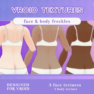 Pu&ograve; includere: Tre diverse texture della pelle per avatar VROID, con lentiggini sul viso e sul corpo. Le texture sono progettate per l'uso con VROID, un software di creazione di avatar 3D.