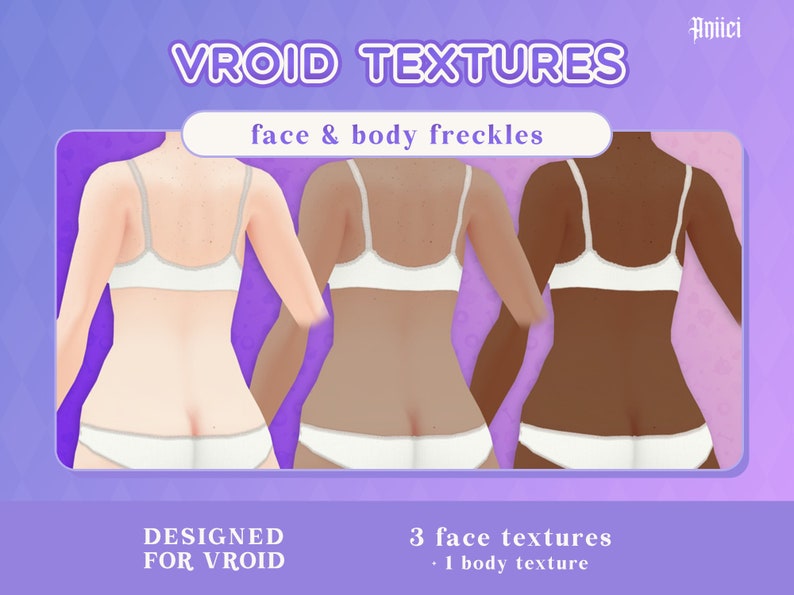 Pu&ograve; includere: Tre diverse texture della pelle per avatar VROID, con lentiggini sul viso e sul corpo. Le texture sono progettate per l'uso con VROID, un software di creazione di avatar 3D.