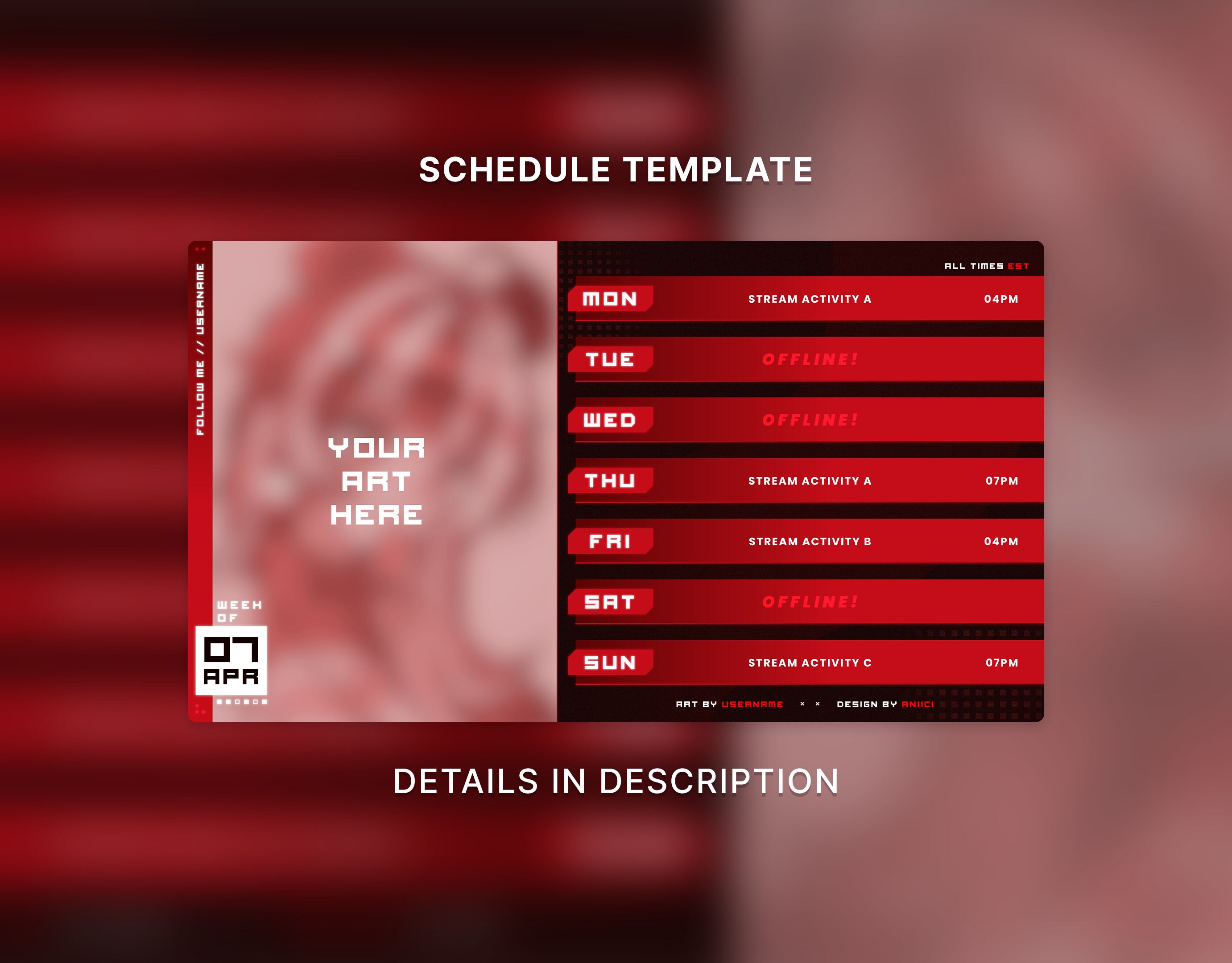 Twitch Schedule Template | VTuber Graphics | Streamer Graphics | Red | Customizable | 7 - DAY