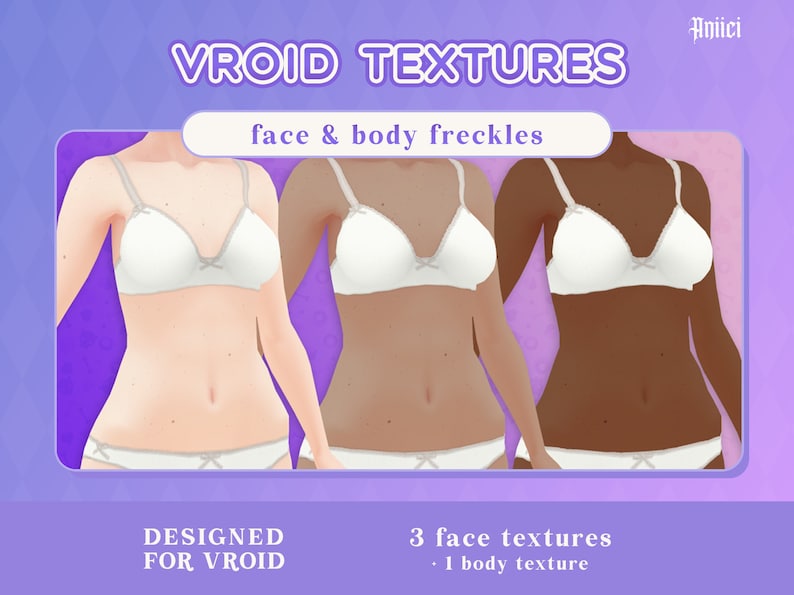 Pu&ograve; includere: Tre texture digitali per il viso e una texture per il corpo per gli avatar VROID, con lentiggini su un tono di pelle chiaro, medio e scuro. Le texture sono mostrate su tre avatar femminili che indossano reggiseni e biancheria intima bianchi.