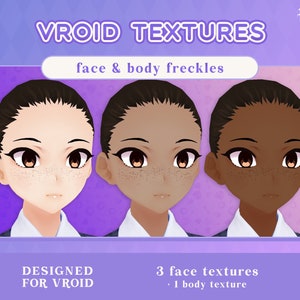 Puede incluir: Tres texturas de rostro con diferentes tonos de piel y pecas para usar con avatares VROID. El texto "VROID TEXTURES" y "face & body freckles" se muestra en la parte superior de la imagen. El texto "DESIGNED FOR VROID" se muestra en la parte inferior izquierda de la imagen. El texto "3 face textures • 1 body texture" se muestra en la parte inferior derecha de la imagen.