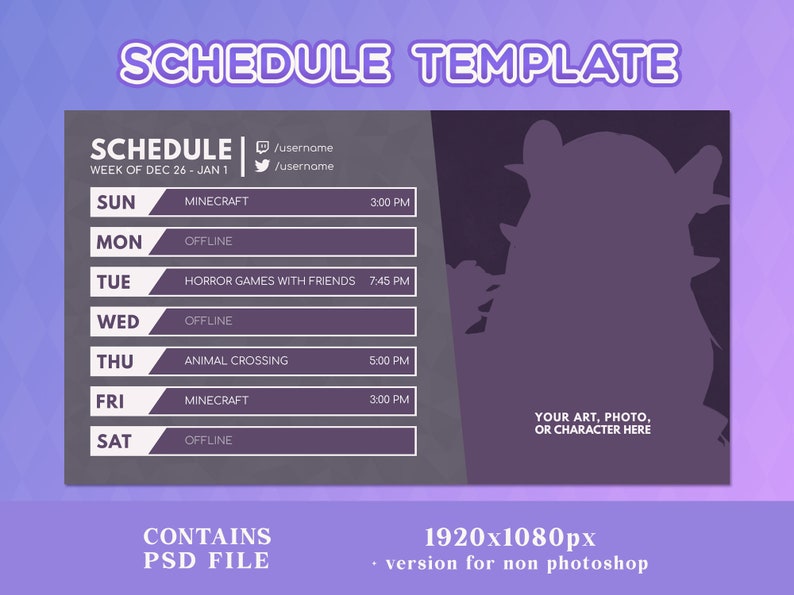 Twitch Schedule Template Purple Streamer Assets Vtuber Etsy
