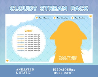 Pacote de transmissão animada do Twitch em azul nublado: sobreposições do VTuber (download digital)