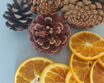 Dried orange slices, mixed natural pinecones perfect for wreath making / Christmas craft and decor