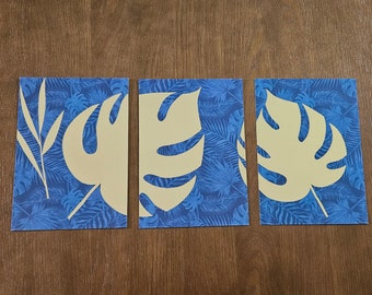 Monstera leaf, abstract gold and blue foiled wall art, a4 prints. Set of 2 or set of 3 available.