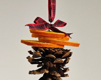 Pine cone and dried orange slices Christmas tree decoration (bauble) 8-10cm. Finished with tartan ribbon bow and loop for hanging.