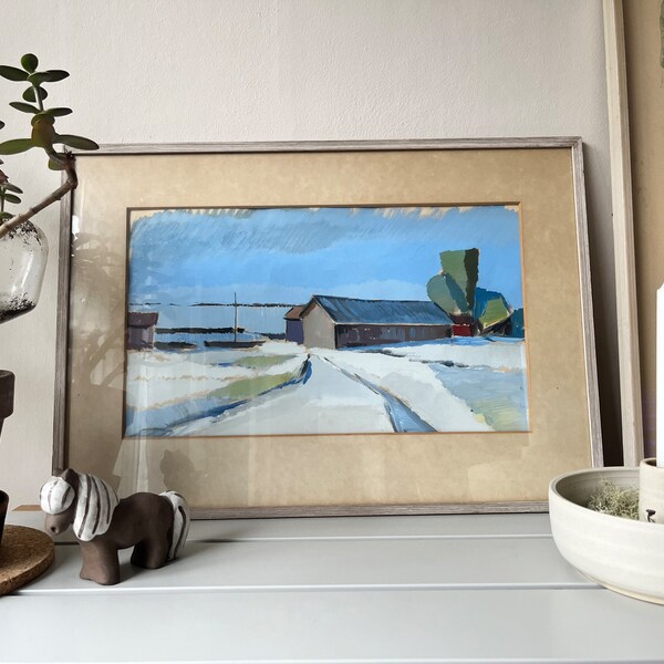 1960s Swedish Landscape Pastel Art - Tranquil Lake View.  Unknown Artist.