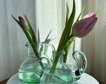 Set of three green glass jugs. Vintage Swedish milk jugs. Small glass jugs, set of three vases.