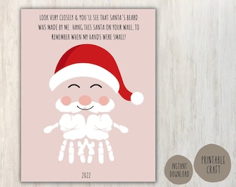 Manualidad navideña con huellas de manos de Papá Noel, artesanía navideña, arte de Papá Noel para niños, artesanía navideña imprimible, artesanía navideña de recuerdo, arte con huellas de manos de Papá Noel
