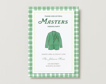 May include: Green and white checkered invitation for a Masters viewing party. The invitation features a green blazer with a yellow button and the text "PLEASE JOIN US FOR A MASTERS VIEWING PARTY". The invitation also includes the date, time, and location of the party: "SUNDAY, APRIL 14, 2024 AT 12PM The Johnson House 100 OAK STREET AUGUSTA GA 02927"