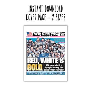 May include: A digital download cover page with the text "INSTANT DOWNLOAD COVER PAGE - 2 SIZES". The cover features a newspaper headline with the text "RED, WHITE & GOLD" and a photo of a hockey team.