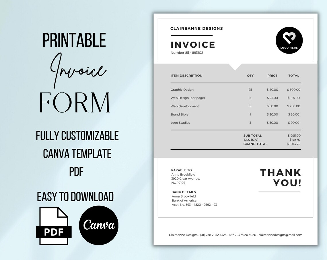 1 Page Invoice Template, Editable Billing Form, Editable Invoice Form, Printable Invoice ...