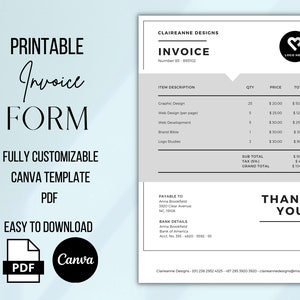 1 Page Invoice Template, Editable Billing Form, Editable Invoice Form, Printable Invoice Template Canva, Printable Invoice, Custom Invoice