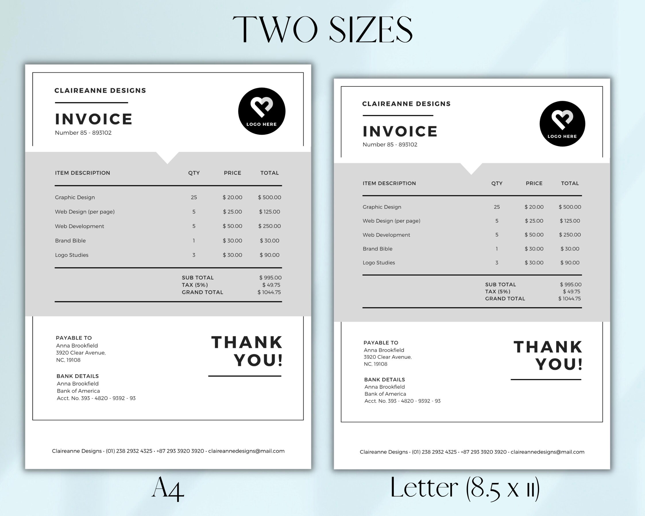 1 Page Invoice Template, Editable Billing Form, Editable Invoice Form, Printable Invoice ...