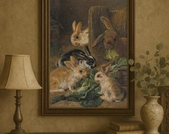 Vintage Rabbit Painting: Farmhouse Rustic Fine Art Print