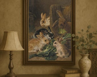 アンティークなウサギの家族の絵画：ヴィンテージファームハウスコテージコアプリント（デジタルダウンロード）
