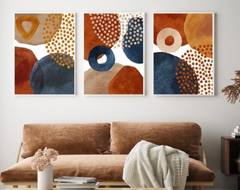 Abstract Art Prints: Navy, Terracotta, Burnt Orange - Set of 3