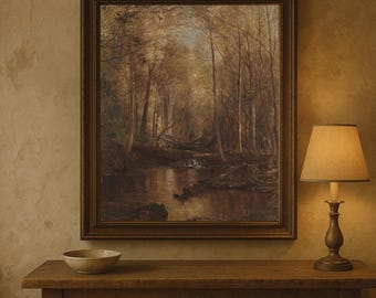 Vintage Autumn Forest Oil Painting: Rustic Country Landscape Art Print