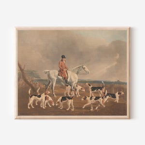 Fuchsjäger auf einem weißen Pferd mit Pack von Hunden - Antike englische Reiter-Wand-Kunstdruck, Vintage Landschafts-Jagdszene-Dekor