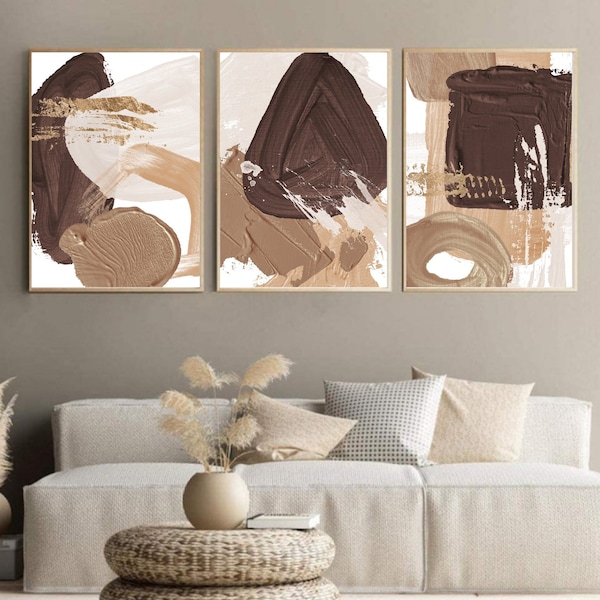 Abstract Oil Painting 3 Piece Wall Art Set of Three Prints Abstract Art Print Chocolate Beige Ivory Almond Printable Poster Digital Download