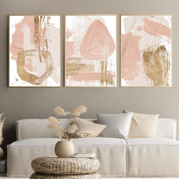 3 Piece Wall Art Abstract Oil Painting Blush Pink Wall Art Set of Three Prints Gold Beige Ivory Neutral Trendy Prints Digital Download